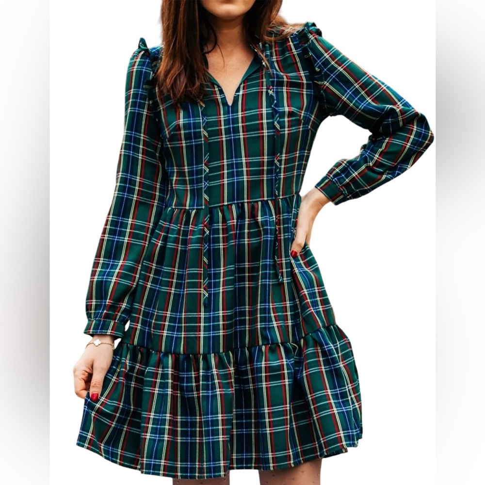 Kiel James Patrick Navy Plaid Long Sleeve Dress